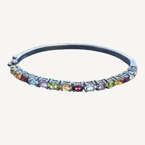 Sterling Silver Natural Gemstones Bangle Bracelet - Vintage Women Jewelry